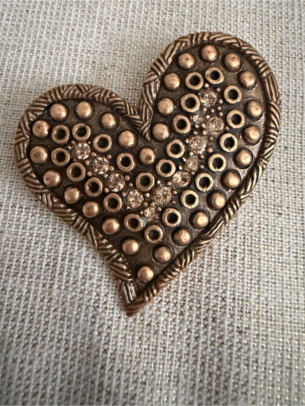 2007 Chico’s Bronze Heart Brooch with Crystal Accents